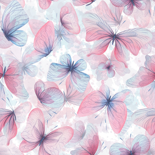 蝴蝶是粉红色的，蓝色的，淡紫色的，飞翔着，精致的翅膀和溅上的颜料。手绘水彩插图。白色背景上的无缝图案，用于设计。图片下载