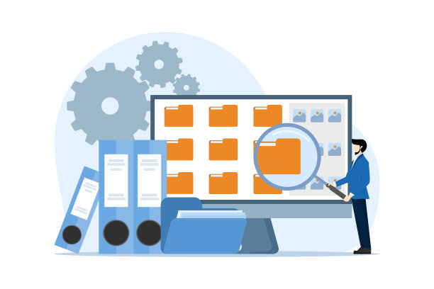 文件管理器和数据存储概念。文件管理管理，数据归档概念，文件夹，图库，管理。员工搜索和索引文件文档。矢量平面插图。图片下载