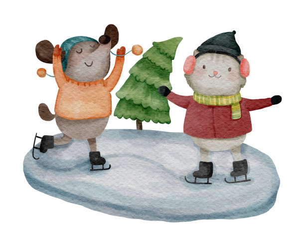 狗和猫在雪地上滑冰。水彩画卡通人物。白色孤立背景。圣诞场景8 / 10。插图。图片下载