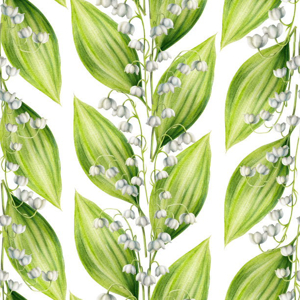 水彩无缝图案与花束百合的山谷花隔离在白色背景。春天手绘插画。适合设计师，婚礼，装饰，明信片，包装纸，剪贴簿，封面，邀请函，海报和纺织品图片下载