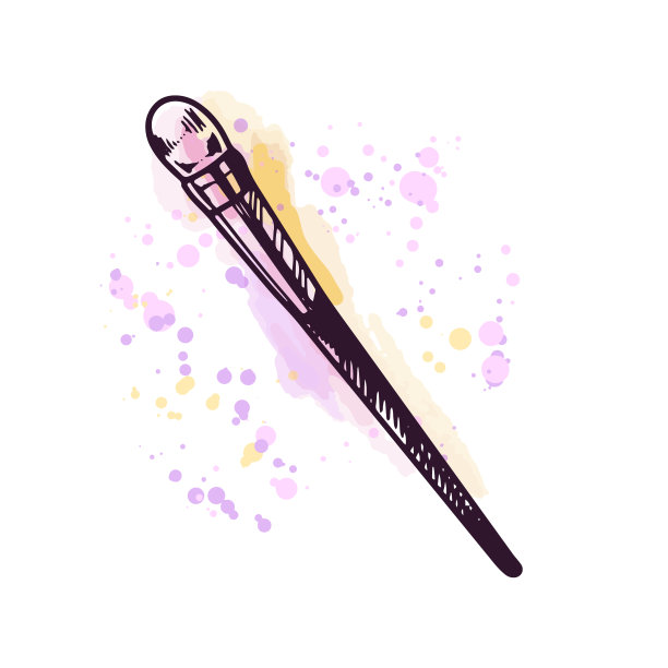 手绘化妆刷，美容化妆元素，自我护理。插图在水彩粉彩背景与油漆飞溅。适用于美容院、化妆品店、彩妆设计。涂鸦素描风格。图片下载