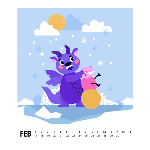 2024龙历。2月。可爱的卡通吉祥物龙。祝大家龙年快乐。龙堆了一个雪人。图片下载