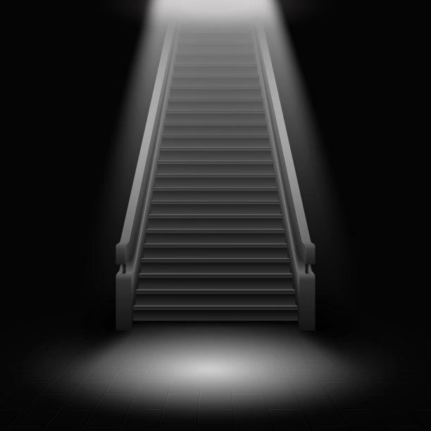 黑色背景上有台阶通向灯光的楼梯。图片下载