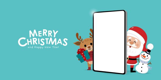 圣诞快乐，新年快乐，与圣诞老人、雪人、鹿和手机同庆。冬季卡通人物矢量素材图片下载