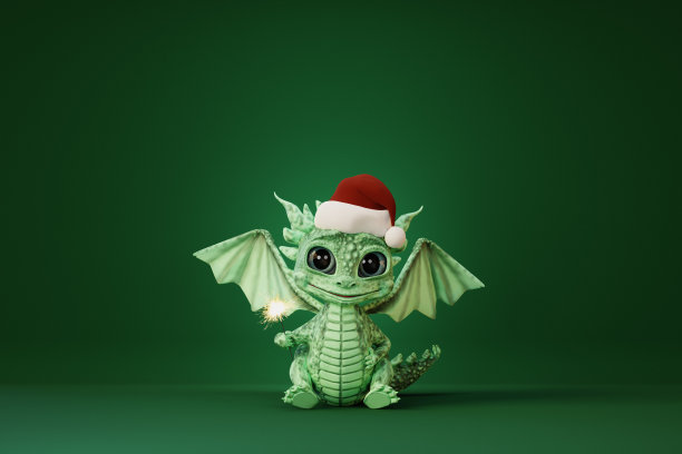 可爱的卡通小龙戴着圣诞老人的帽子，拿着烟花。三维渲染图片下载