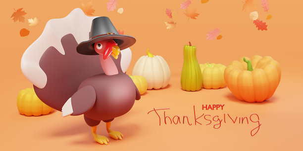 秋季创意概念南瓜哑光场景3D渲染。感恩节季节性促销设计。秋季美术展示。时髦的节日装饰与火鸡图片下载