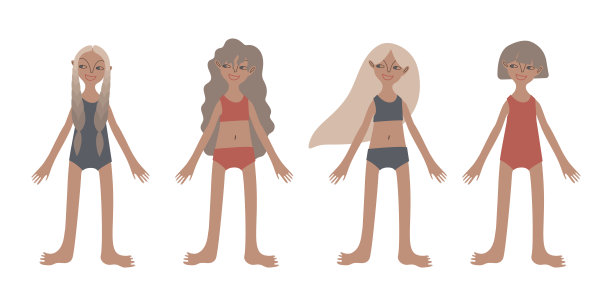 四个穿着泳装的黝黑的欧洲女孩。的孩子。的孩子。多样性。黝黑的皮肤和金色的头发。矢量插图在平面风格图片下载