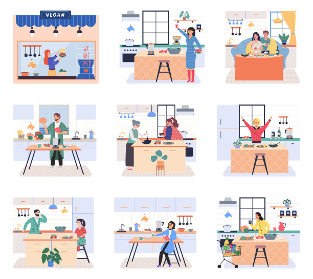 人们烹饪素食。矢量素材。居家厨房烹饪，男女准备早餐图片下载