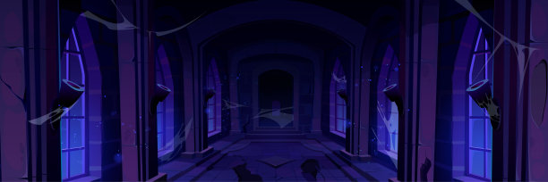 夜晚废弃的城堡走廊图片下载