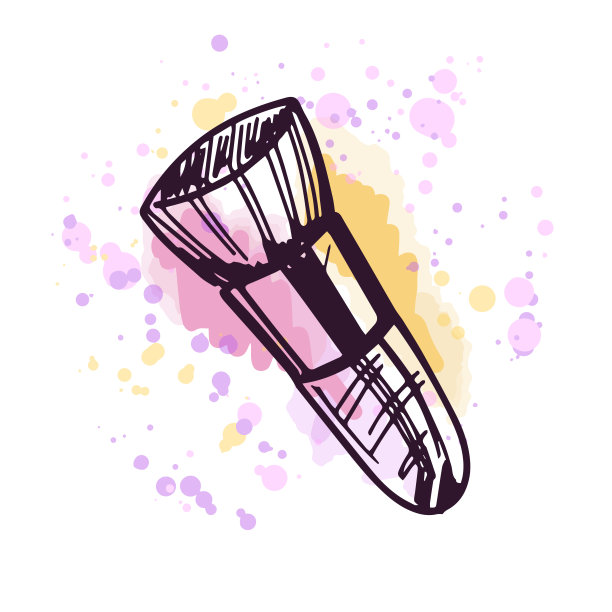 手绘化妆刷，美容化妆元素，自我护理。插图在水彩粉彩背景与油漆飞溅。适用于美容院、化妆品店、彩妆设计。涂鸦素描风格。图片下载