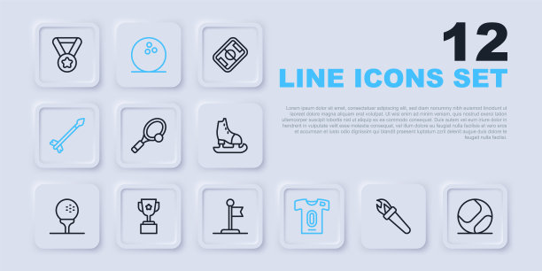 设置线火炬火焰，棒球，网球拍，足球球衣和t恤，中世纪箭头，奖杯，保龄球和国旗图标。向量图片下载