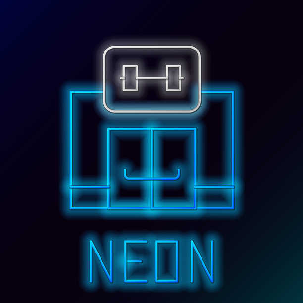 发光的霓虹灯线健身房建筑图标孤立的黑色背景。体育俱乐部。色彩缤纷的轮廓概念。向量图片下载