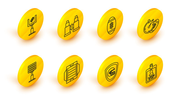 设置线VIP徽章，美式橄榄球头盔和盾牌，场地，明亮的体育场灯光，足球秒表，双筒望远镜和门柱图标。向量图片下载