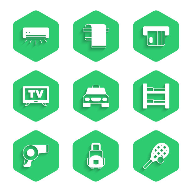 集出租车，行李箱，网球拍与球，酒店房间床，吹风机，智能电视，信用卡和空调图标。向量图片下载