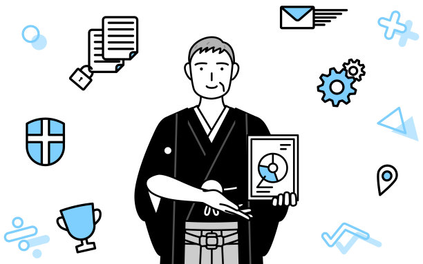 DX的形象，新年和婚礼，老人穿着袴与波峰使用数字技术，以提高他的业务图片下载