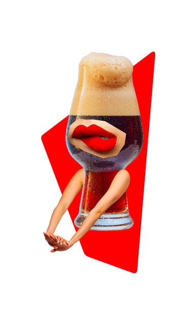 当代艺术拼贴。现代创意艺术。一大杯起泡的黑啤酒，红唇和女人的手。图片下载