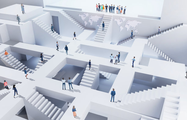 在一个抽象的商业环境中，许多商人在楼梯上跑来跑去。3D渲染图图片下载