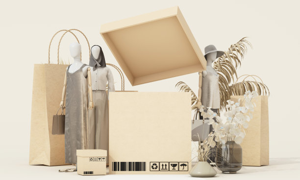 店面陈列时尚的女性服装和配饰，有适合人体模特的衣服和暖色调的花瓶。配有舒适色调的产品展示架。三维渲染图片下载