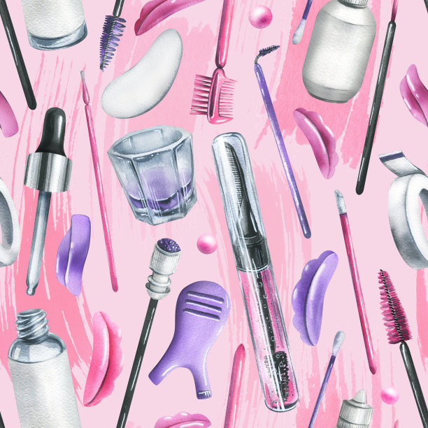 睫毛和眉毛的延长和层压大师的工具和化妆品。水彩插图，手绘。粉色背景上的无缝图案。用于包装、品牌、面料。图片下载