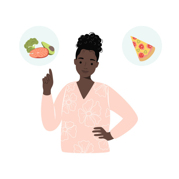 非裔美国妇女在健康和不健康的食物之间做出选择。快餐vs平衡菜单的比较。图片下载