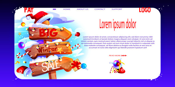 圣诞快乐!旧的木制圣诞路标上有箭头和礼物，圣诞树装饰和圣诞袜在一个抽象的彩色背景上的雪堆。创造性的网页模板与地方的文本。图片下载