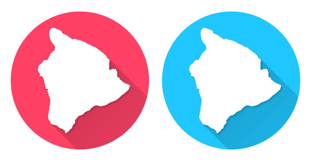 夏威夷岛地图。圆形图标与长阴影在红色或蓝色的背景图片下载