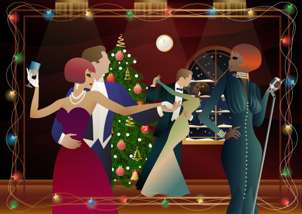 一名年轻女子穿着复古的裙子，拿着复古的麦克风站在圣诞树旁图片下载