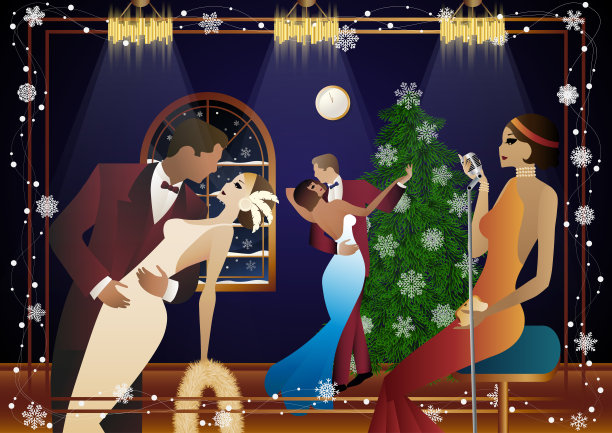 一名年轻女子穿着复古的裙子，拿着复古的麦克风站在圣诞树旁图片下载