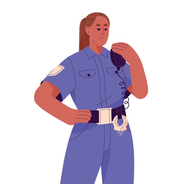 非裔美国警察。穿制服的女警察肖像。保安人员带着手铐，执法人员带着警用无线电和扫描仪。平面隔离矢量插图上的白色图片下载