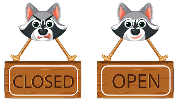 封闭和开放的标志横幅浣熊脸图片下载