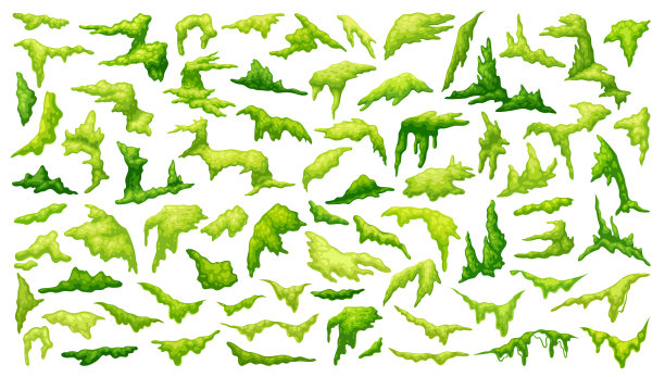 沼泽苔藓。卡通苔藓，森林地衣为木材表面丛林植被形状纹理树木沼泽真菌绿色植物集孤立地衣游戏ui近代矢量插图图片下载