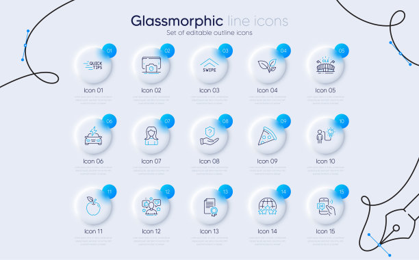 用于Web应用程序的女人、手机照片和商业理念线性图标集图片下载