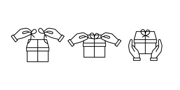 礼盒包装和赠送，用丝带包裹，线条图标。礼品盒，用蝴蝶结包好。在聚会和庆祝圣诞节，生日或节日的惊喜。向量轮廓图片下载