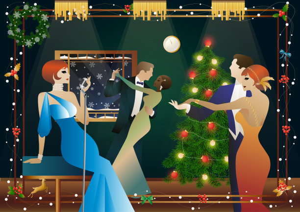 一名年轻女子穿着复古的裙子，拿着复古的麦克风站在圣诞树旁图片下载