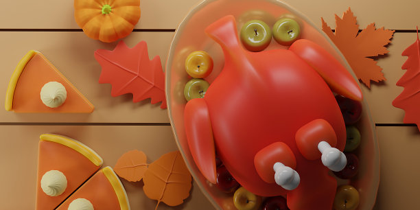 感恩节快乐的横幅上有烤火鸡、秋叶、南瓜、苹果和盘子。插图明信片，横幅，卡片，海报，背景。图片下载