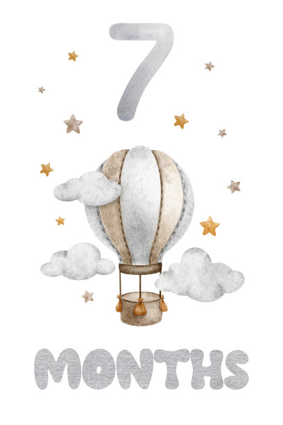 宝宝里程碑卡片与米色热气球，云和星星。宝宝七个月了。七个月大的婴儿。每月号码卡。新生儿月明信片。儿童照片卡。图片下载