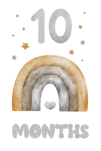 宝宝里程碑卡片与米色热气球，云和星星。孩子十个月了。十个月大的婴儿。每月号码卡。新生儿月明信片。儿童照片卡。图片下载