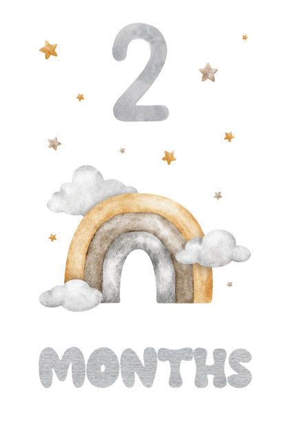 宝宝里程碑卡片与米色热气球，云和星星。宝宝两个月了。两个月大的婴儿。每月号码卡。新生儿月明信片。儿童照片卡。图片下载