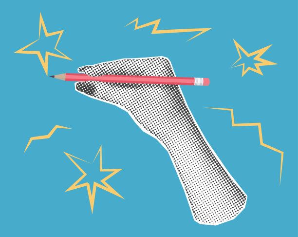 一只手拿着铅笔写字。新潮的半色调矢量拼贴。图片下载