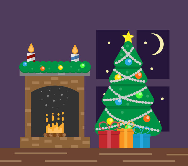 圣诞树与礼物和舒适的壁炉平面风格图片下载