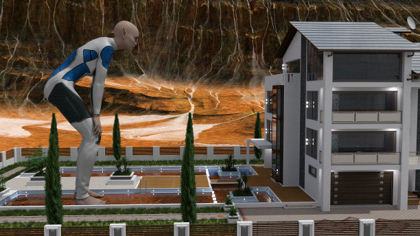 一个巨大的外星人站在外面，双手放在膝盖上，俯身看着外面阳台上的一个人类女人。图片下载