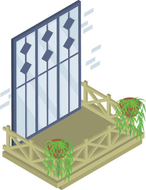 带有迷你花园等长概念矢量图标设计的大型玻璃阳台，阳台和窗户正面视图符号，带有复古和经典阳台立面插图的房屋外观想法图片下载