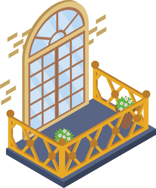 砖墙上的双开窗顶圆窗等长概念矢量图标设计，阳台窗口正面视图符号，房屋外观设计理念与现代和经典的阳台库存插图图片下载