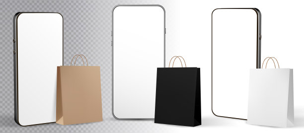 包手机三维矢量插图。礼品袋与移动智能手机的在线购物模板智能手机应用程序。网上购物，网上商店。图片下载
