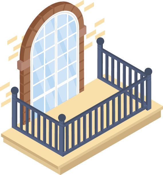 半月网格图案砖墙拱形窗等长概念矢量图标设计，阳台窗正面视图符号，房屋外观设计理念与复古经典阳台立面插图图片下载