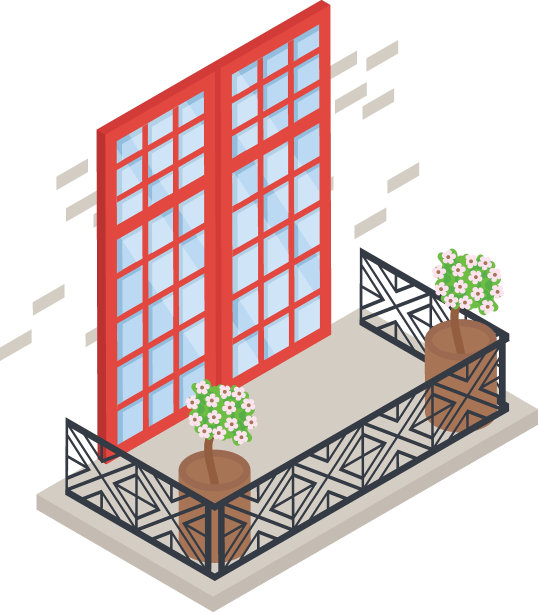 铝红色网格图案窗户与花朵等长概念矢量颜色图标设计，阳台正面视图符号，房子外观的想法与复古和经典的阳台正面库存插图图片下载