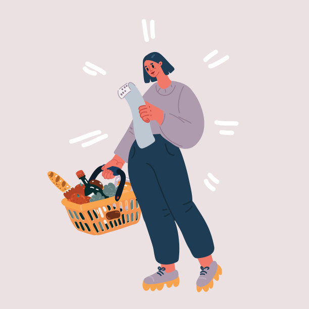 在超市购物车的女人看着购物小票的矢量图图片下载