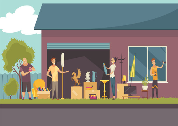 与人进行车库甩卖。跳蚤市场内部，是购买独特古董物品的地方。卖二手东西，买东西，街头营销。卡通矢量插图图片下载