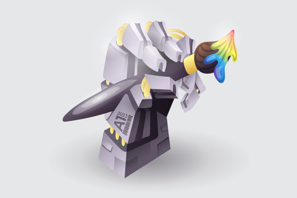 这是一个象征人工智能的机器人手的插图，它拿着画笔画画。图片下载