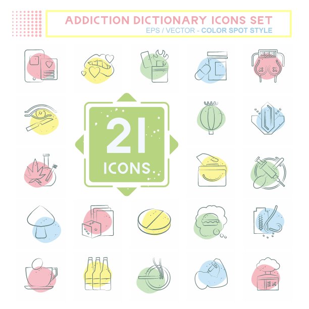 图标集上瘾字典。与上瘾有关的符号。色斑样式。简单的设计可编辑。简单的说明图片下载